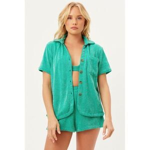 Frankies Bikinis Coco Sparkle Terry Button Up Shirt Mistletoe Green Large Beach